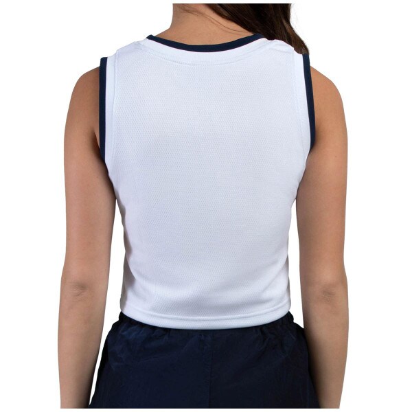 back view of model wearing women's white cropped basketball jersey